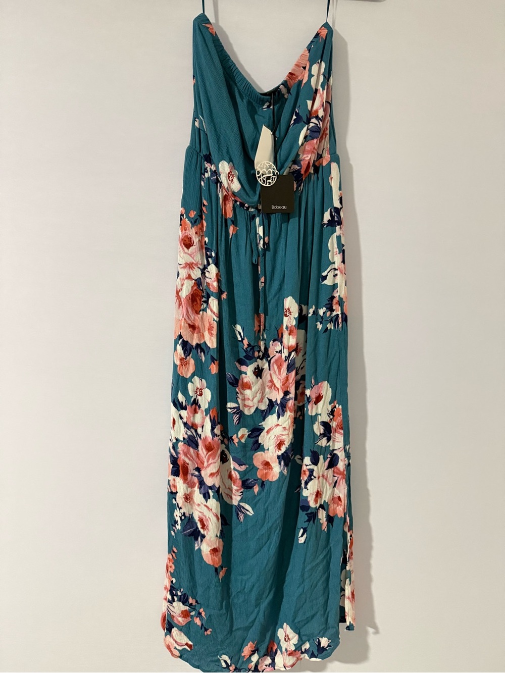 bobeau Teal Floral strapless Maxi Dress with Pink & Cream Blooms